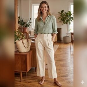 Ralph Lauren Double Faced Stretch Cotton Ankle Pants Pleated Wide Leg Cream 10